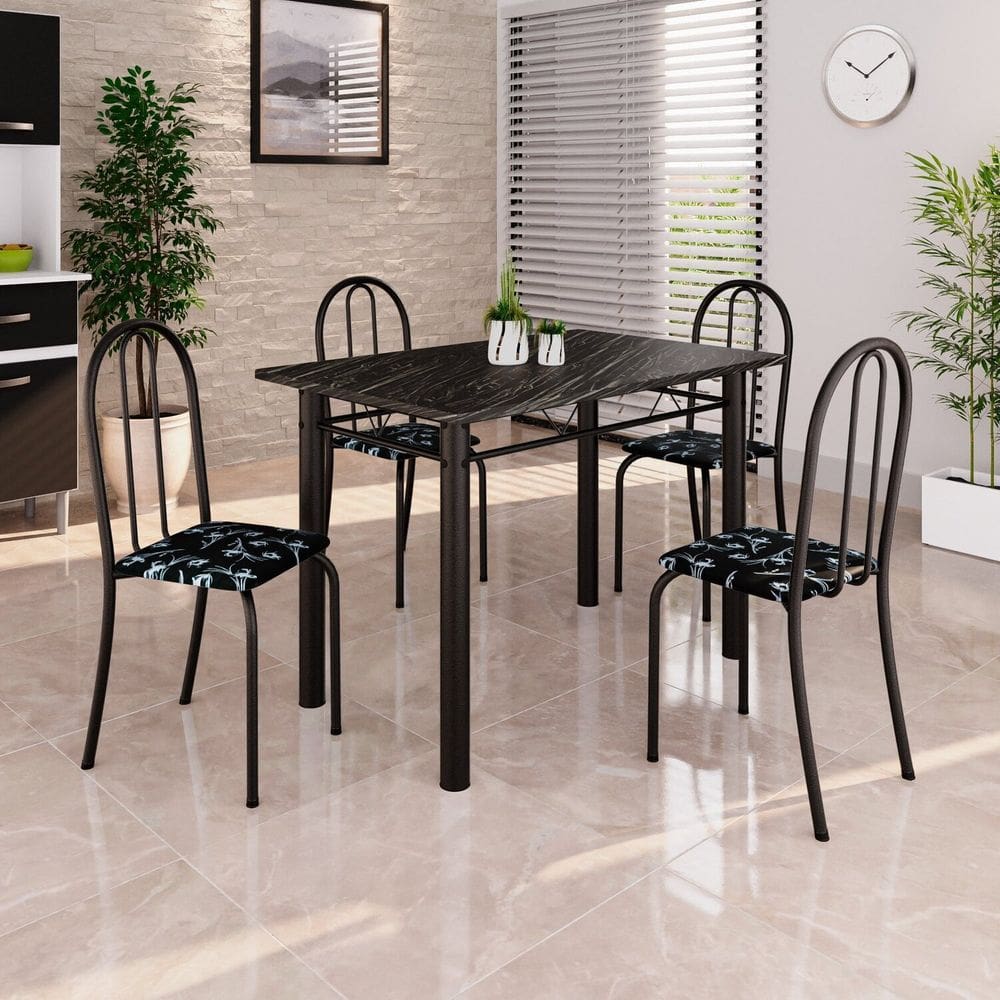 Conjunto de Mesa Tubular 100x60cm Tampo em Ardósia Indiano com 4 Cadeiras Preto
