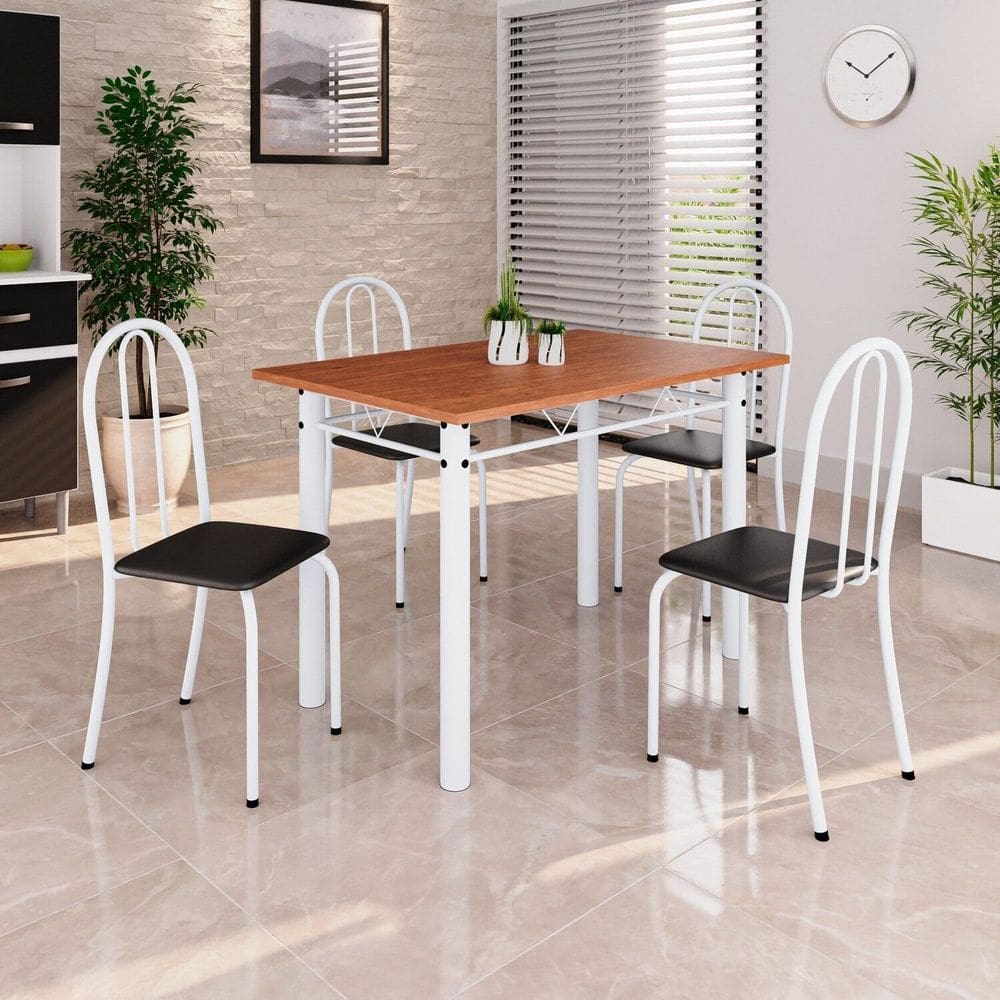 Conjunto de Mesa Tubular 100x60cm Tampo em Mdf com 4 Cadeiras Preto / Branco