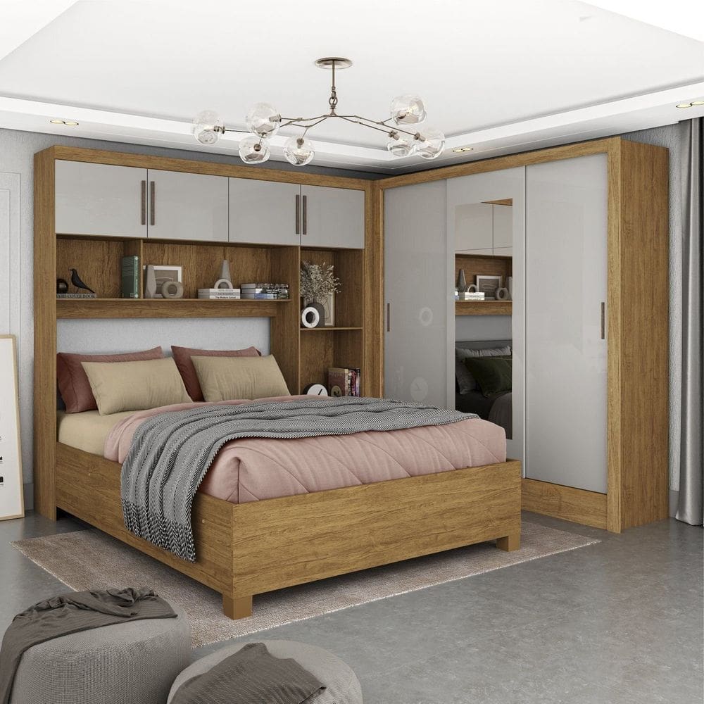 Guarda-roupa Casal Modulado 4 Portas com Cama Santiago 3 Portas com Espelho 5 Gavetas Cinamomo/Off White