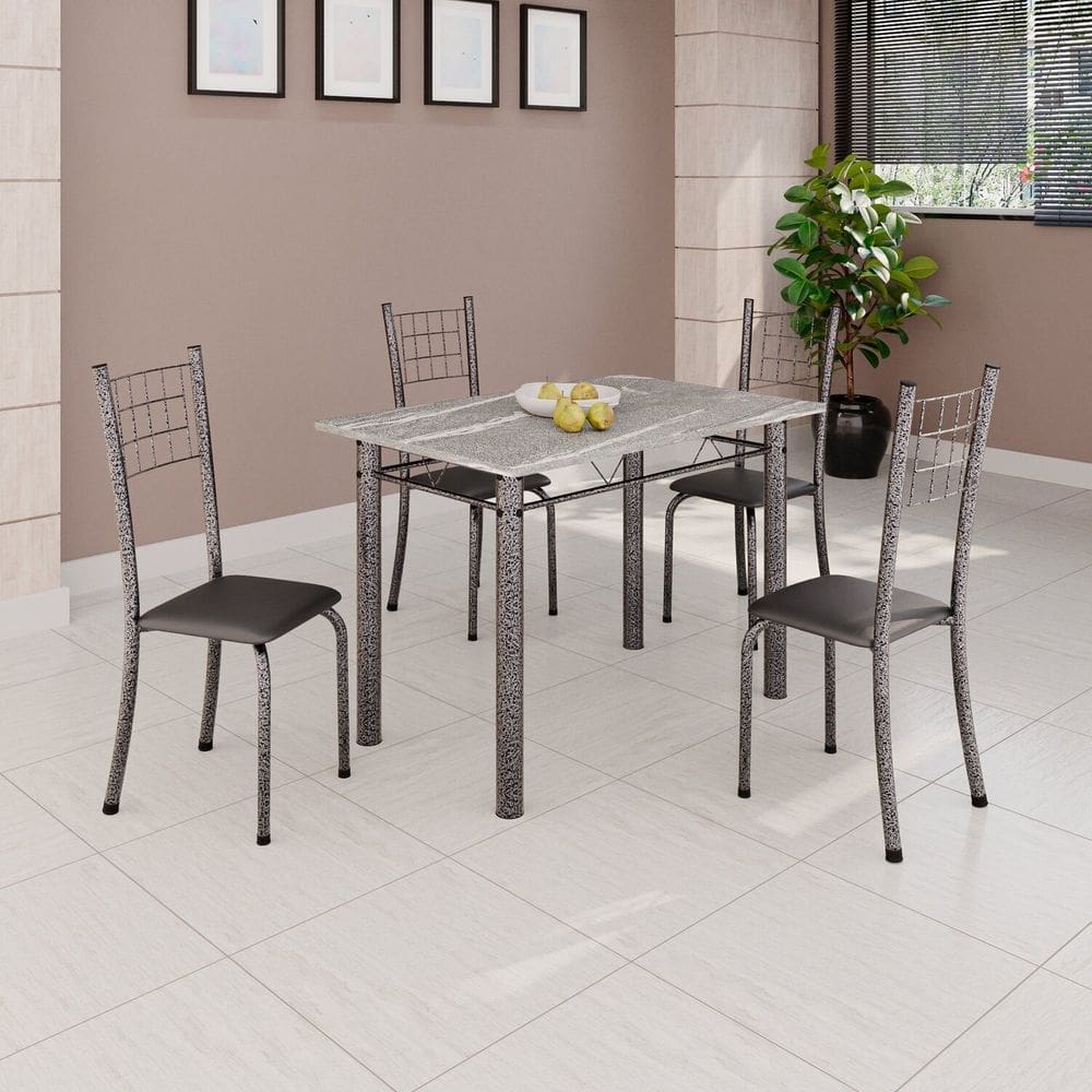 Conjunto de Mesa Tubular 100x60cm Tampo em Topázio com 4 Cadeiras Dany Preto / Prata