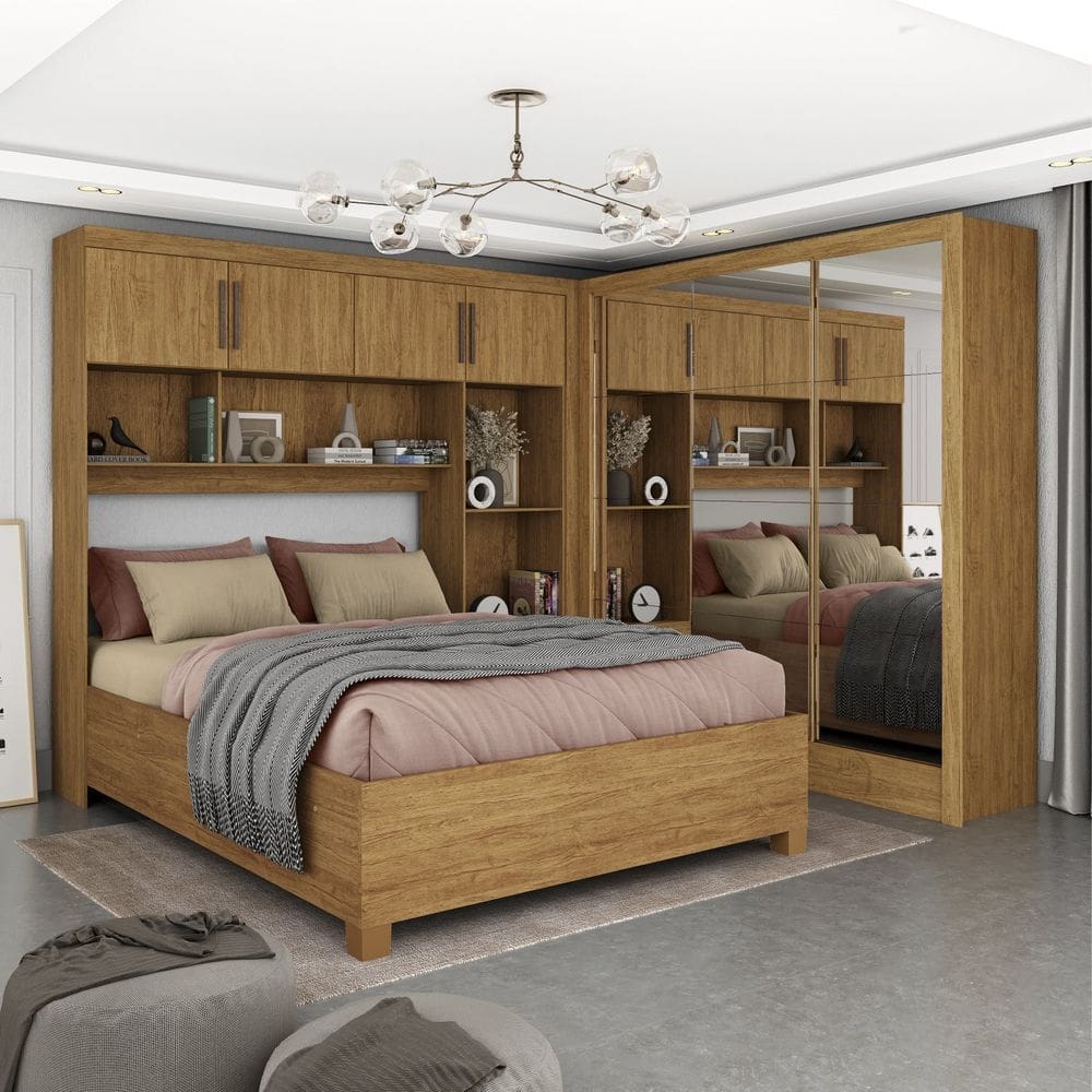 Guarda-roupa Casal Modulado 4 Portas com Cama Santiago 3 Portas Premium 5 Gaveta com Espelho Cinamomo