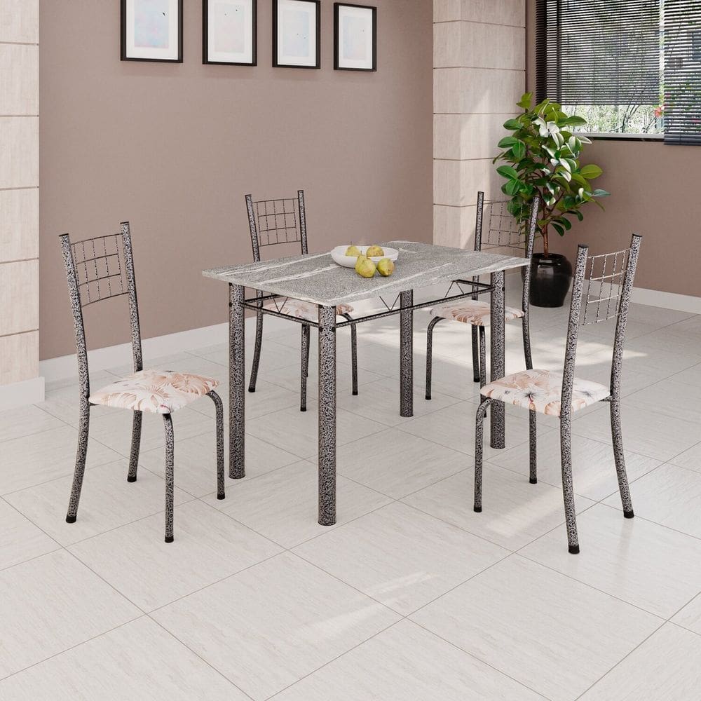Conjunto de Mesa Tubular 100x60cm Tampo em Topázio com 4 Cadeiras Dany Bege / Prata