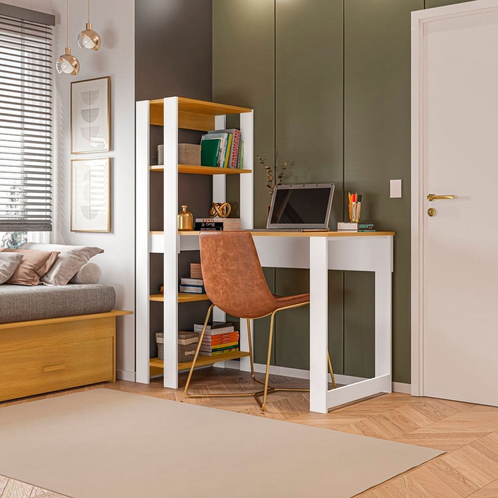 Mesa Escrivaninha com Estante e 4 Prateleiras Licce Freijó/Branco