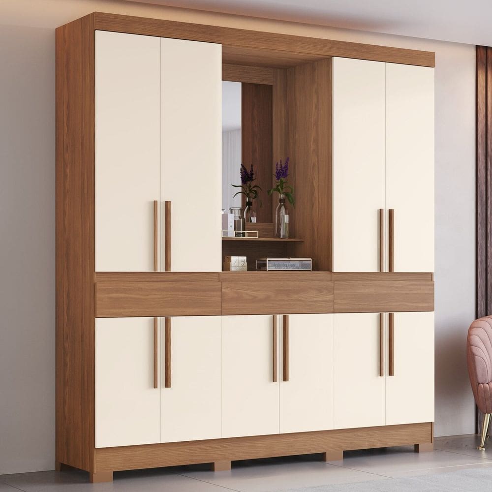 Guarda Roupa Casal 10 Portas 3 Gavetas com Espelho e Pés em Abs Marrom/Off White