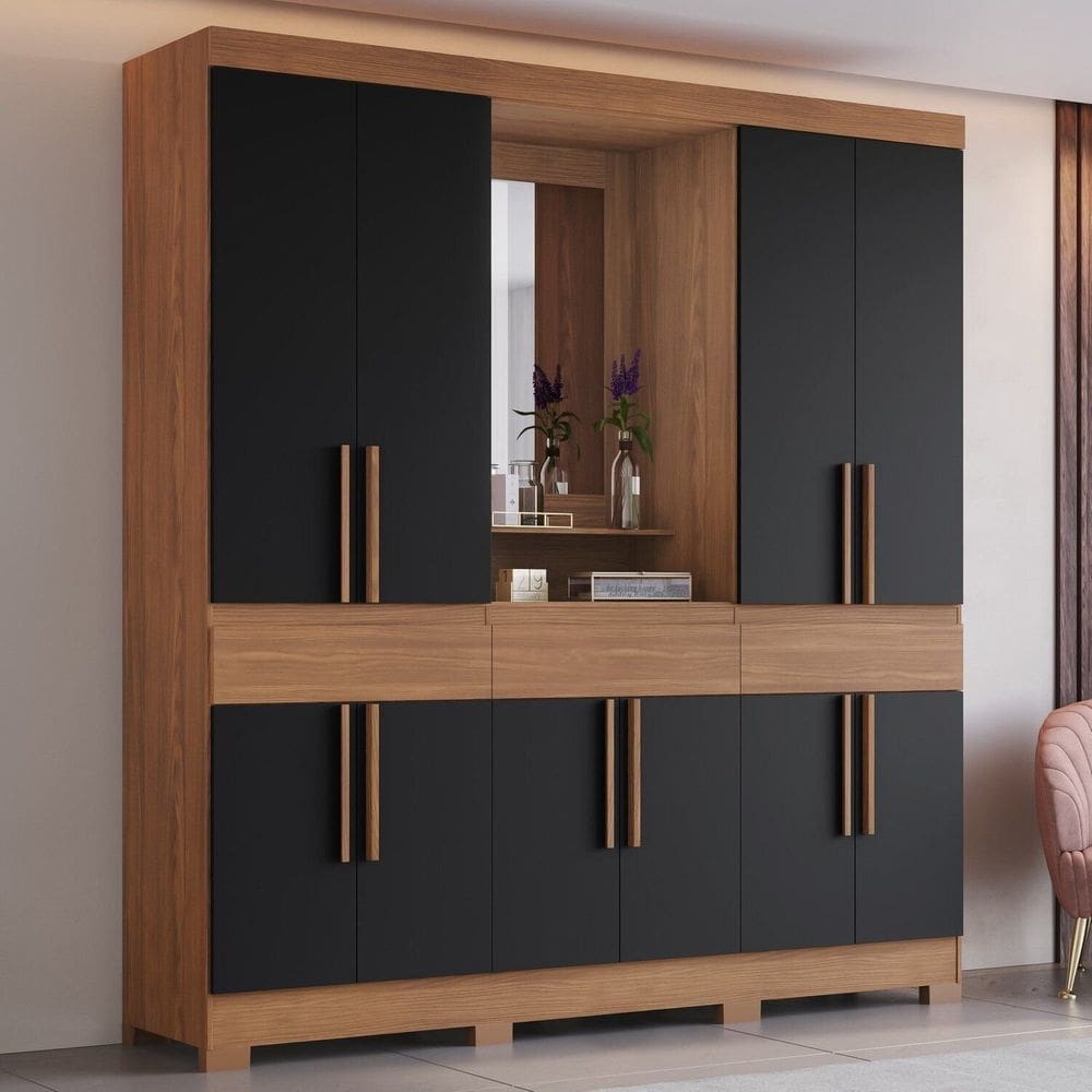 Guarda Roupa Casal 10 Portas 3 Gavetas com Espelho e Pés em Abs Marrom/Preto