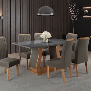 Conjunto Mesa de Jantar Retangular Manuela 160x80cm sem Vidro e 6 Cadeiras Mel/Cinza/Grafite