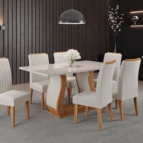 Conjunto Mesa de Jantar Retangular Manuela 160cm X 80cm sem Vidro e 6 Cadeiras Mel /Blonde /Marfim