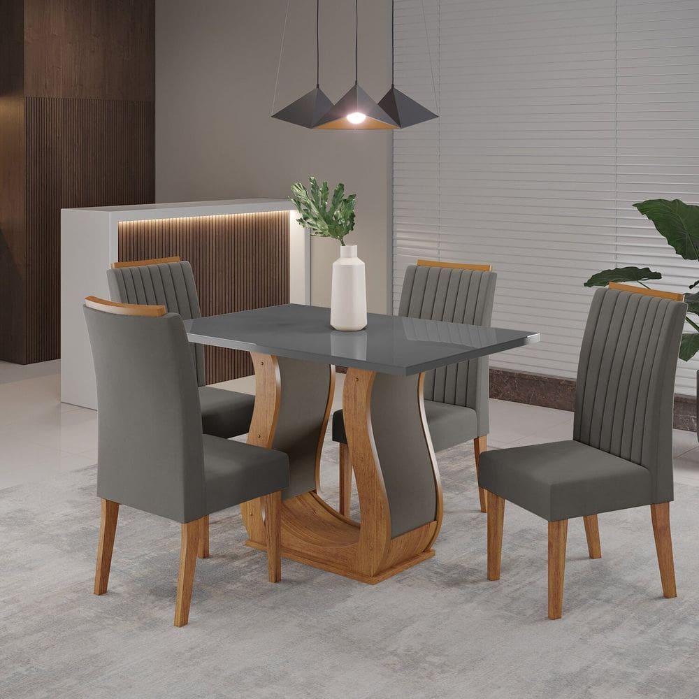 Conjunto Mesa de Jantar Retangular Amore 120x80cm com Vidro e 4 Cadeiras Mel/Grafite