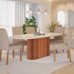 Sala de Jantar Julieta 210cm Oval com 6 Cadeiras Fernanda CINAMOMO/OFF/MAD/LINHO BEGE