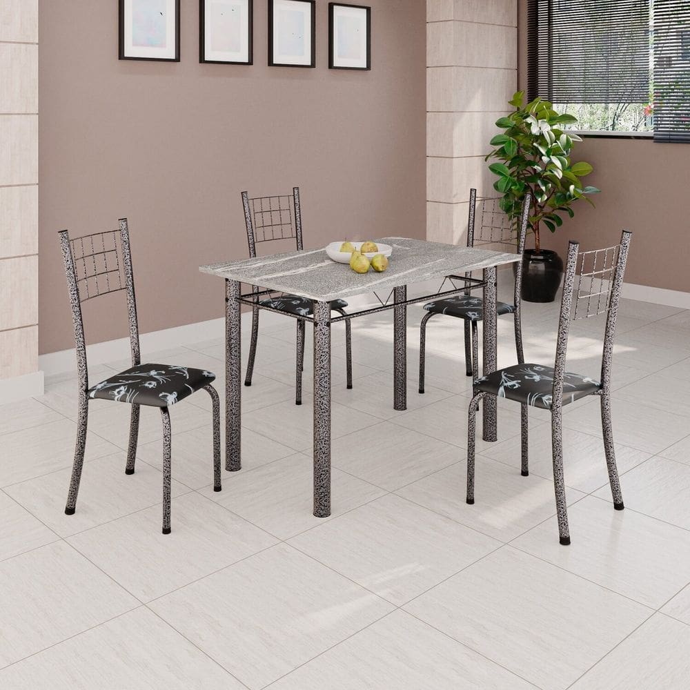 Conjunto de Mesa Tubular 100x60cm Tampo em Topázio com 4 Cadeiras Dany Preto / Prata