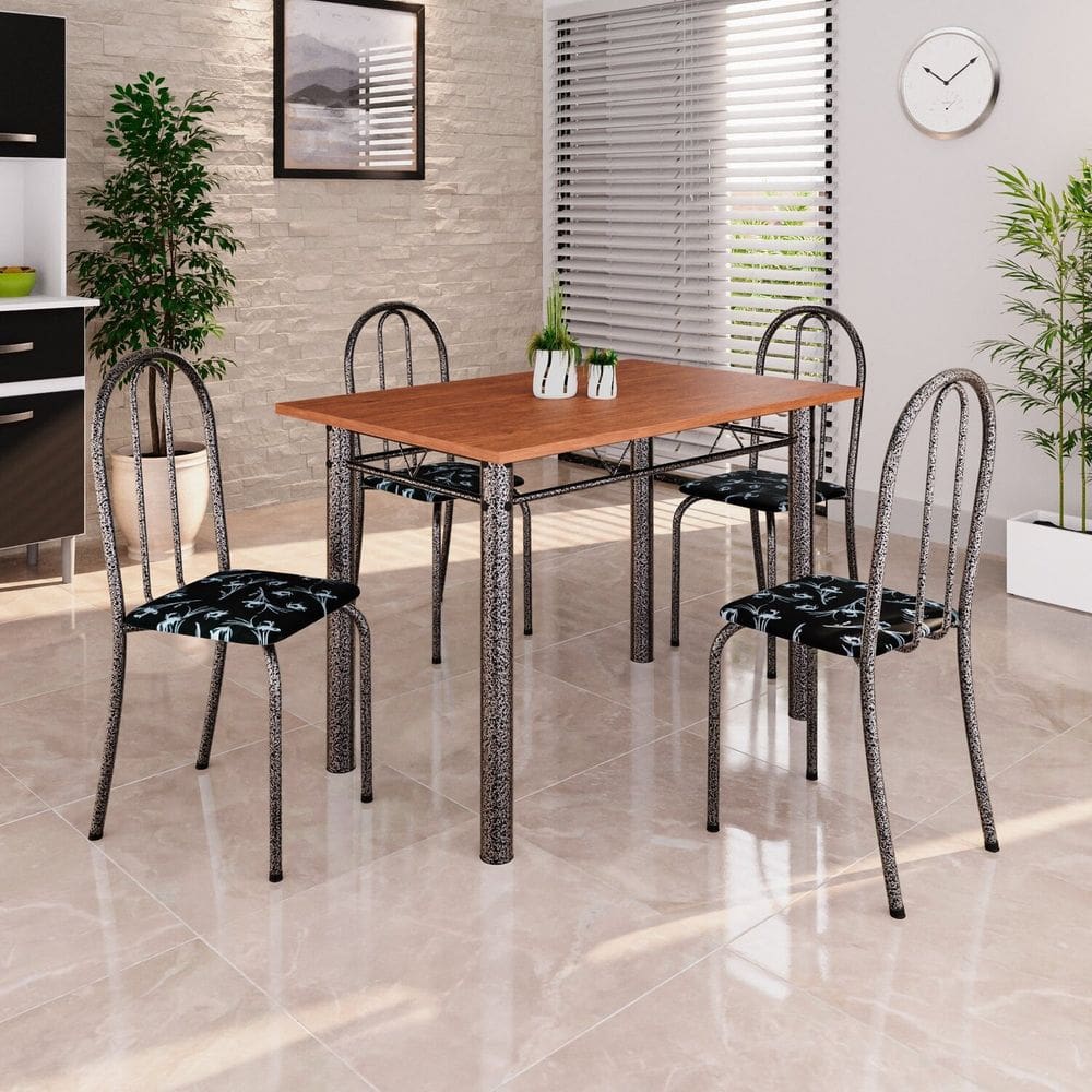 Conjunto de Mesa Tubular 100x60cm Tampo em Mdf com 4 Cadeiras Ane B Soma Móveis Preto / Prata