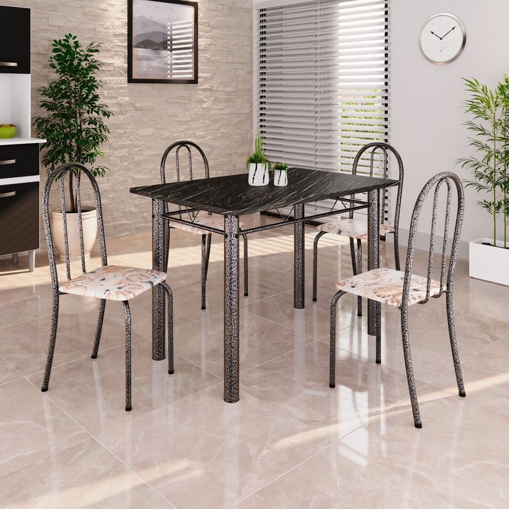 Conjunto de Mesa Tubular 100x60cm Tampo em Ardósia Indiano com 4 Cadeiras Bege / Prata