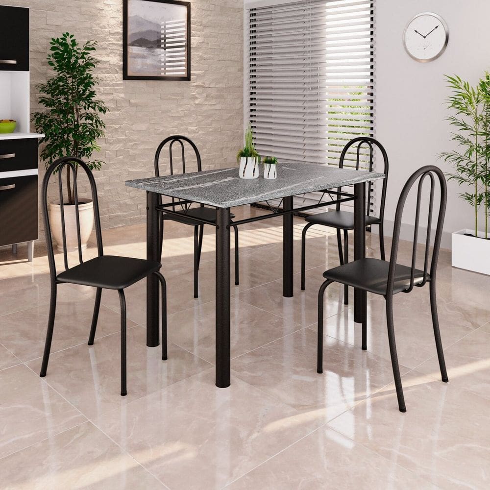 Conjunto de Mesa Tubular 100cm X 60cm Tampo em Granito com 4 Cadeiras Preto