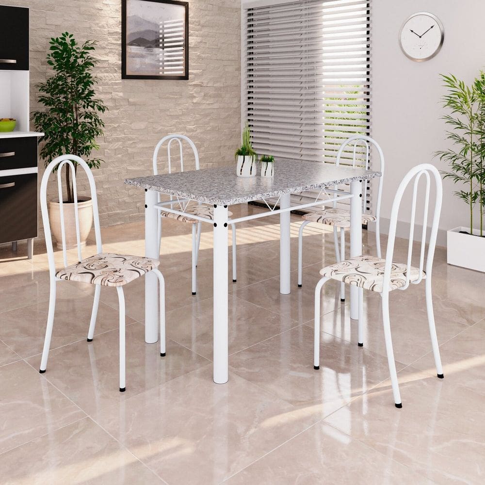 Conjunto de Mesa Tubular 100x60cm Tampo em Granito com 4 Cadeiras Arabesco/ Branco