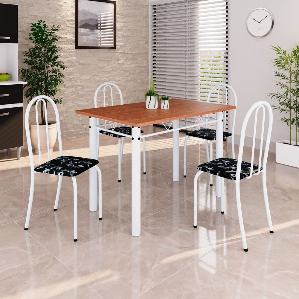 Conjunto de Mesa Tubular 100x60cm Tampo em Mdf com 4 Cadeiras Preto / Branco