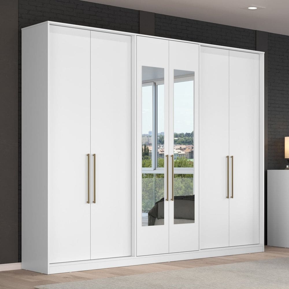 Guarda Roupa Casal 6 Portas 4 Gavetas Escócia com Espelho Branco Artico