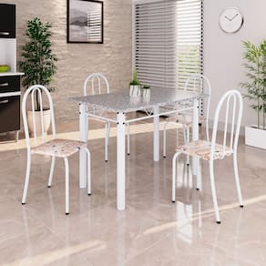 Conjunto de Mesa Tubular 100cm X 60cm Tampo em Granito com 4 Cadeiras Bege / Branco