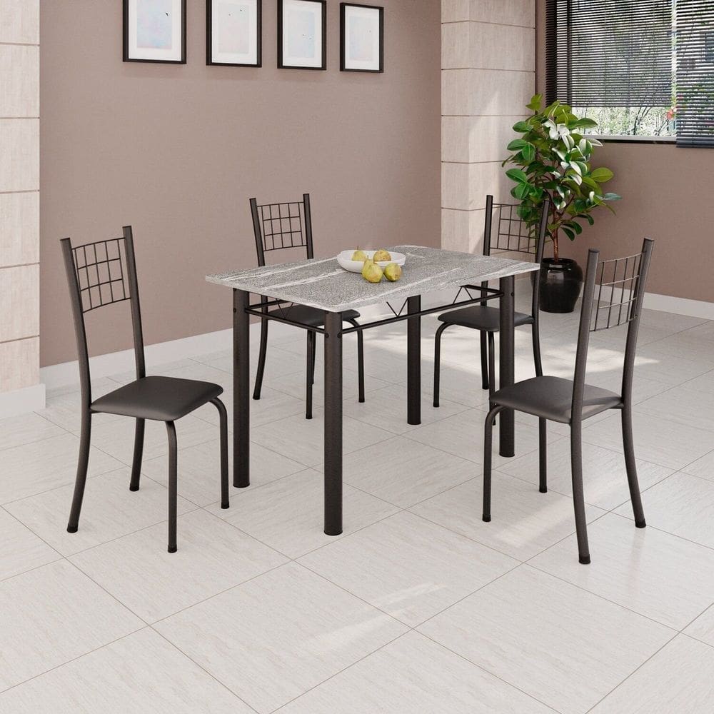 Conjunto de Mesa Tubular 100x60cm Tampo em Topázio com 4 Cadeiras Dany Preto