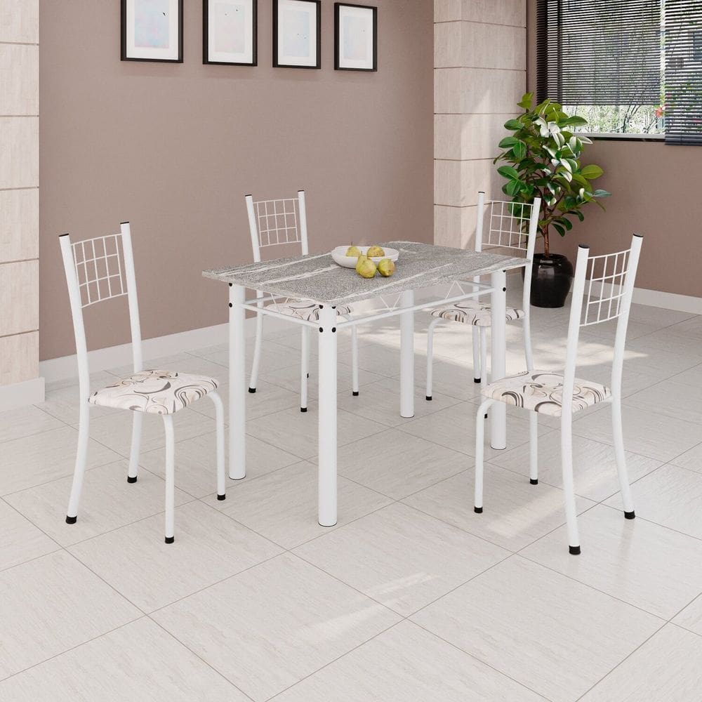 Conjunto de Mesa Tubular 100x60cm Tampo em Topázio com 4 Cadeiras Dany Arabesco/ Branco