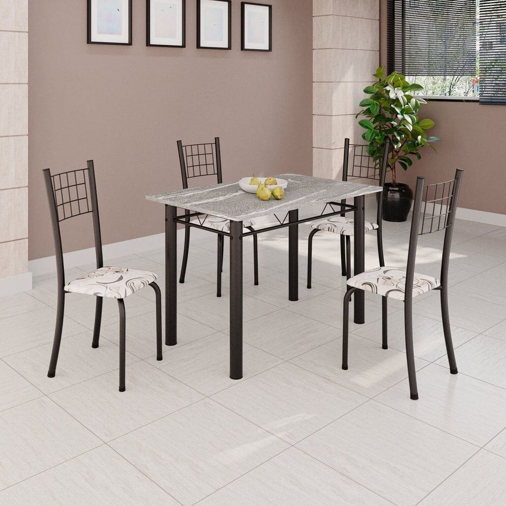 Conjunto de Mesa Tubular 100x60cm Tampo em Topázio com 4 Cadeiras Dany Arabesco / Preto