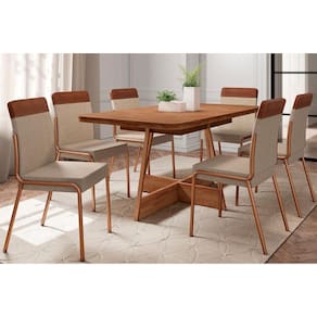 Conjunto Mesa Jantar c/ 6 Cadeiras 1,60 Atria Nogueira/Rosê - Duo Areia/Courino Carraro