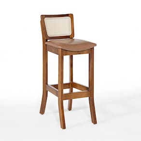 Banqueta Alta em Madeira com Encosto em Rattan Portugal Estofada Impermeável Caramelo L85 RMI