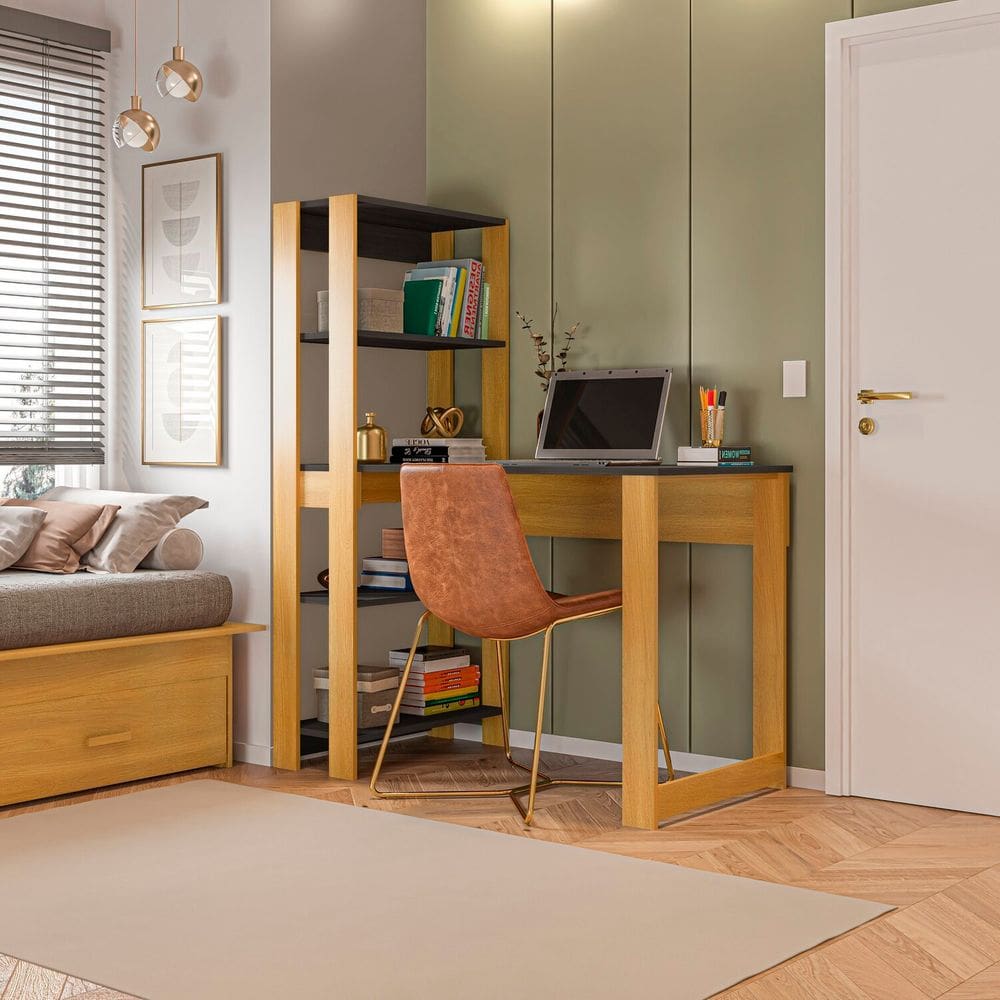 Mesa Escrivaninha com Estante e 4 Prateleiras Licce Freijó