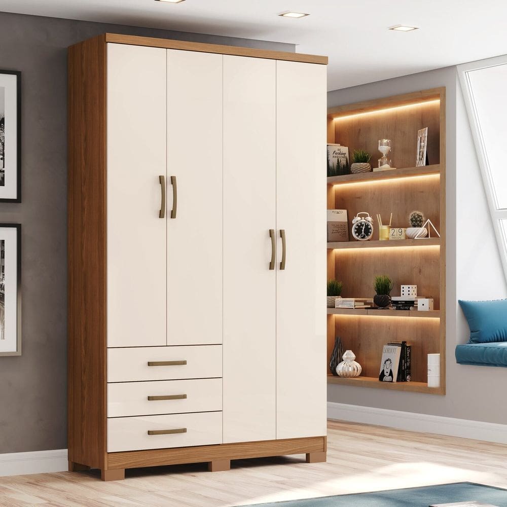 Guarda Roupa Solteiro 4 Portas 3 Gavetas Marrom/Off White