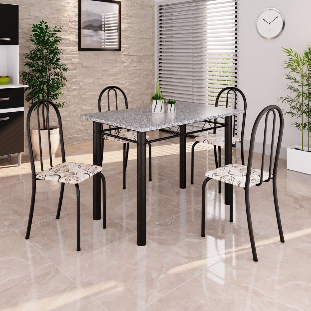 Conjunto de Mesa Tubular 100x60cm Tampo em Granito com 4 Cadeiras Arabesco / Preto