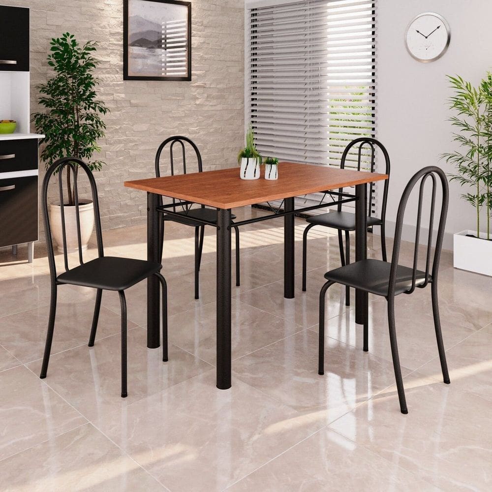 Conjunto de Mesa Tubular 100x60cm Tampo em Mdf com 4 Cadeiras Preto