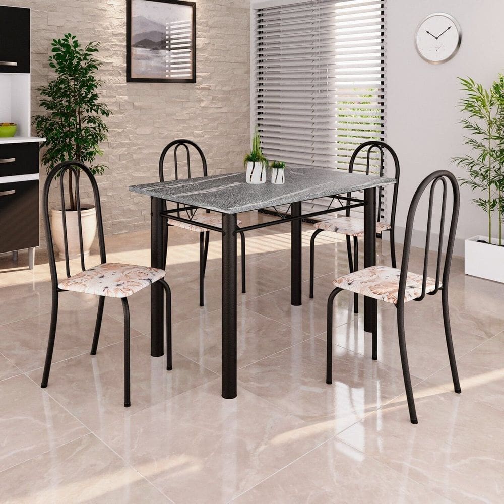 Conjunto de Mesa Tubular 100cm X 60cm Tampo em Granito com 4 Cadeiras Bege / Preto