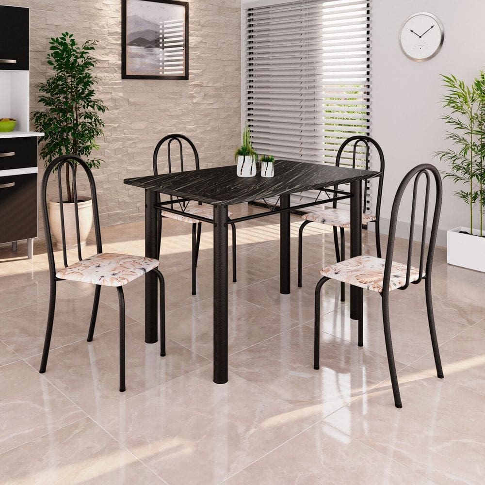 Conjunto de Mesa Tubular 100x60cm Tampo em Ardósia Indiano com 4 Cadeiras Bege / Preto