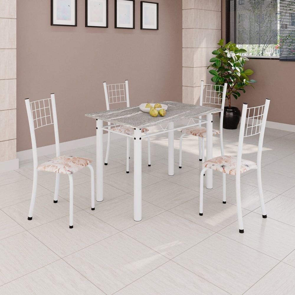 Conjunto de Mesa Tubular 100x60cm Tampo em Topázio com 4 Cadeiras Dany Bege / Branco