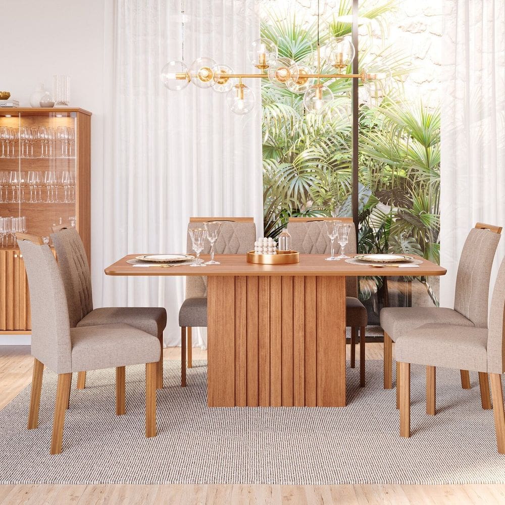 Sala de Jantar Ana 180 sem Vidro com 6 Cadeiras Juliana Cinamomo/Madeira/Linho Bege