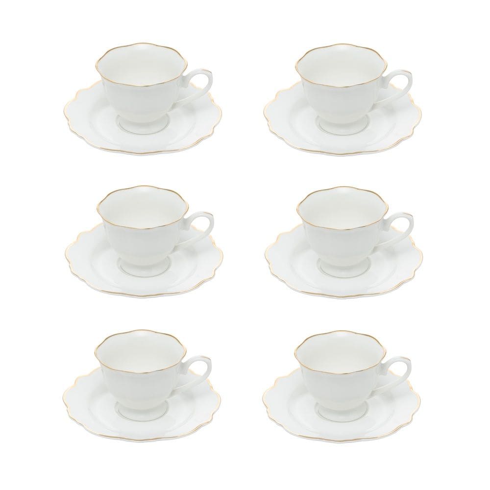 Cj 6 Xícaras P/Café C/Pires de Porcelana Branca Maldivas C/Filete Dourado 80ml Wolff