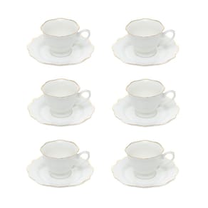 Cj 6 Xícaras P/Café C/Pires de Porcelana Branca Maldivas C/Filete Dourado 80ml Wolff