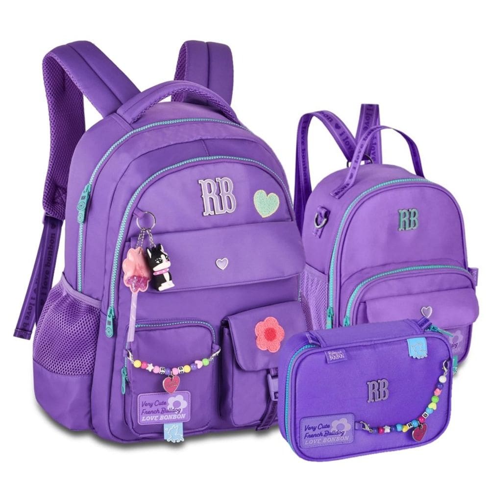 Kit Mochila Rebecca Bonbon Color Pop Miçangas + Lancheira e Estojo Roxo