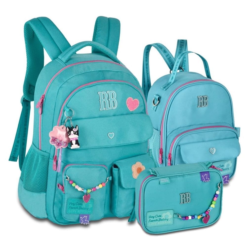Kit Mochila Rebecca Bonbon Color Pop Miçangas + Lancheira e Estojo Azul