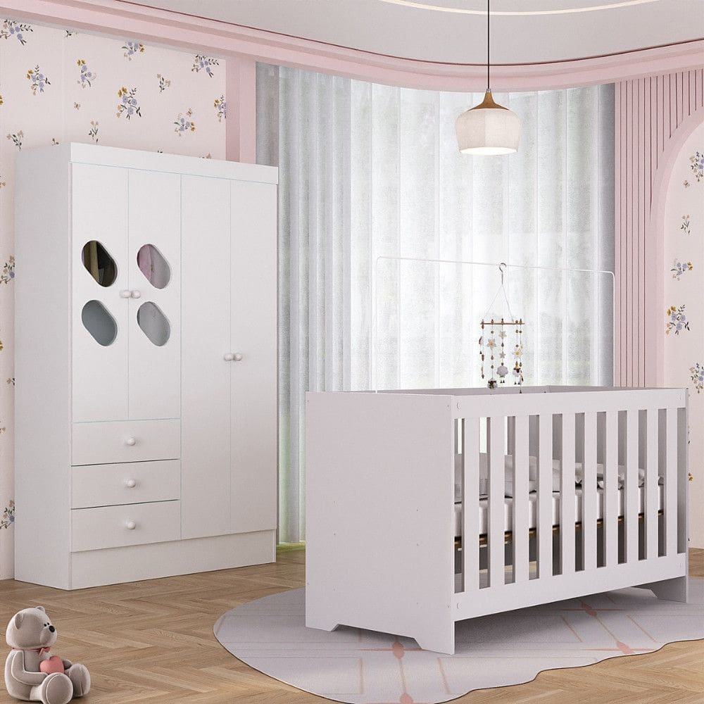 Quarto de Bebê com Guarda Roupa 4 Portas 3 Gavetas com Janela Berço 3 em 1 Maya Rodial