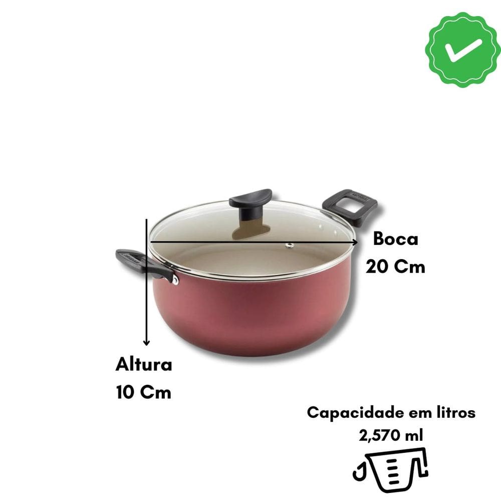 Panela Caçarola Teflon Antiaderente + Tampa De Vidro No 20