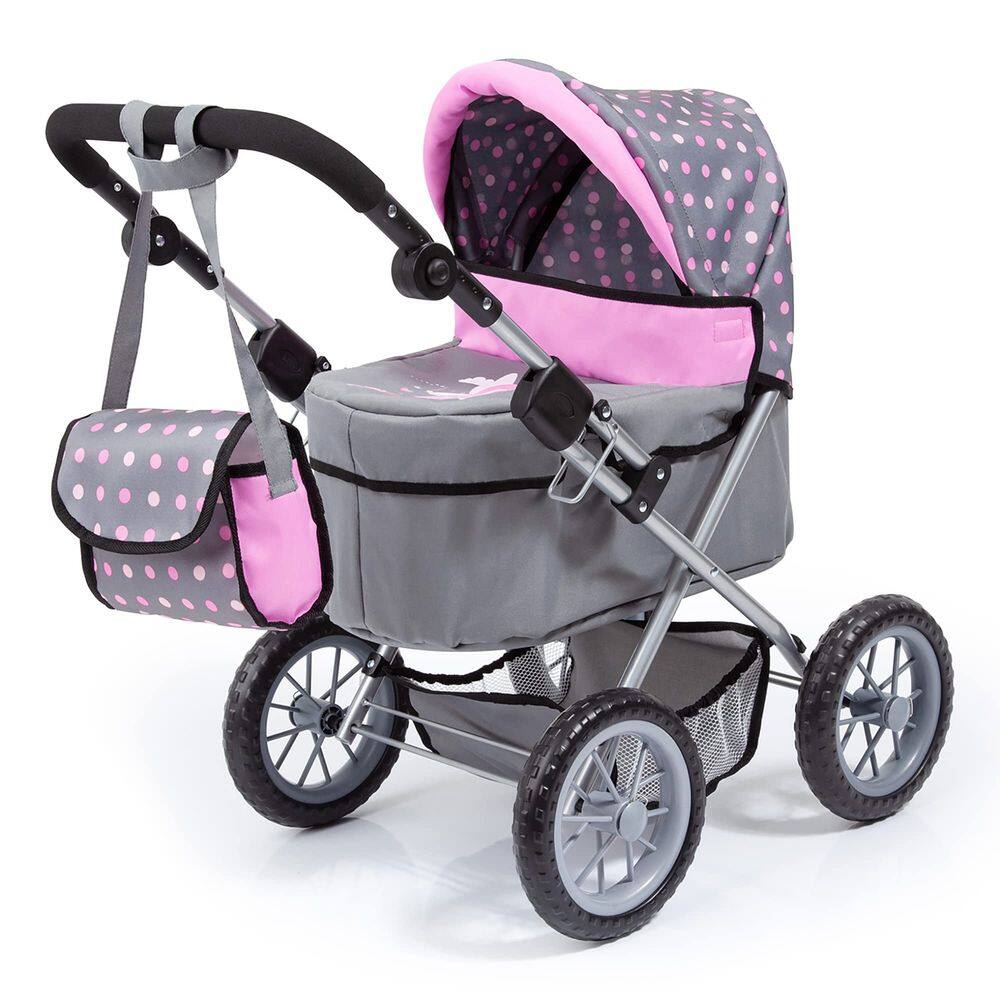 Bonecas Pram Bayer Design com pontos cinza/rosa modernos para bonecas de até 18 anos
