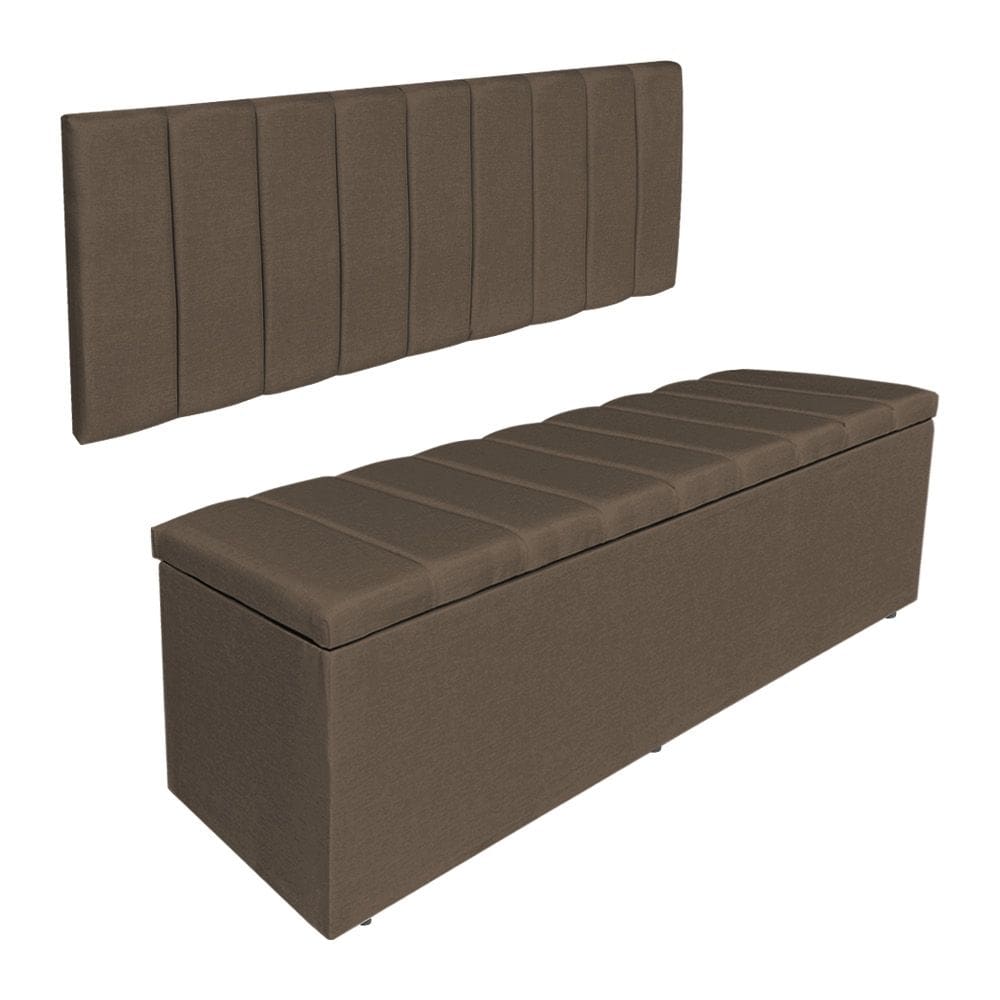 Kit Cabeceira Painel e Calçadeira Baú Casal King 1,95m Londres Linho Marrom Dal Poz Estofados