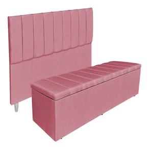 Kit Cabeceira e Calçadeira Baú Solteiro 0,90m Londres Suede Rosa Dal Poz Estofados