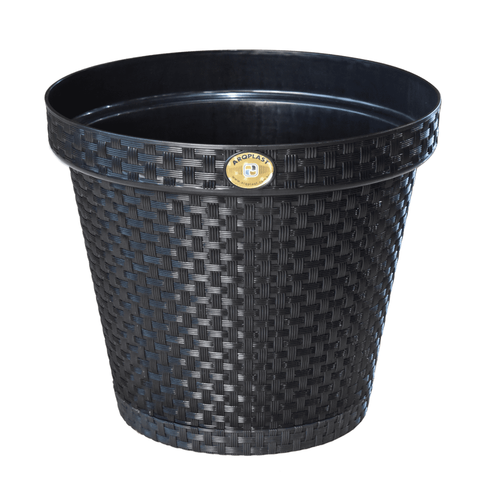 Vaso de Plantas Redondo com Prato Rattan 36 Litros Preto Arqplast