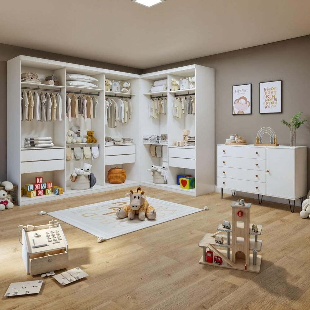 Quarto Infantil Conjunto Closet Valentina com Cômoda 1 Porta 4 Gavetas Aurora Branco