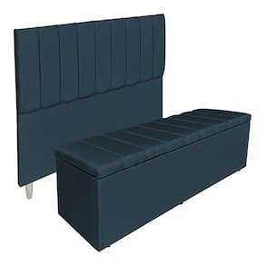 Kit Cabeceira e Calçadeira Baú Solteiro 0,90m Londres Suede Azul Marinho Dal Poz Estofados