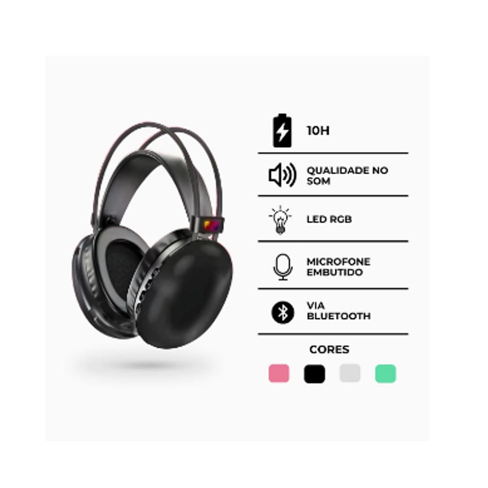 Fone De Ouvido Preto Sem Fio Bluetooth V5.3 Com LED