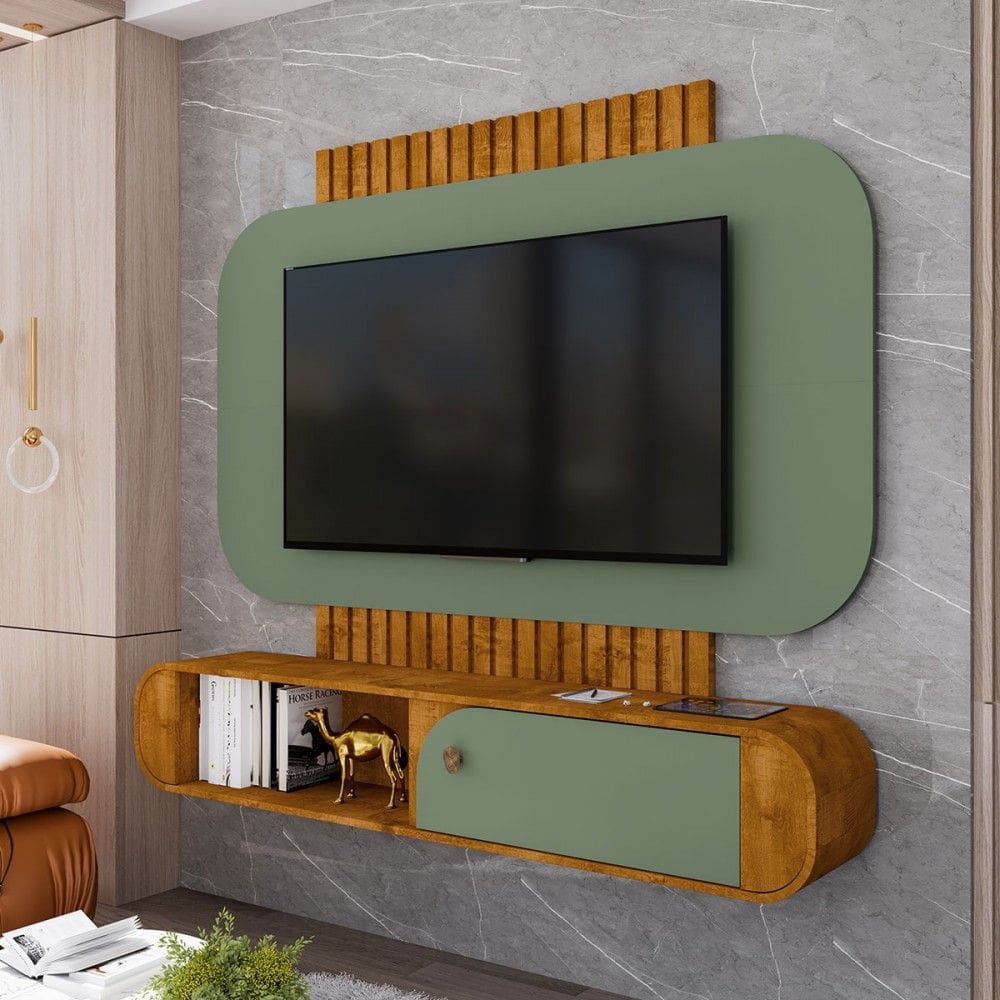 Painel para TV Até 55 Polegadas Jurerê 1 Porta Naturallle/Pistache - Móveis Bechara