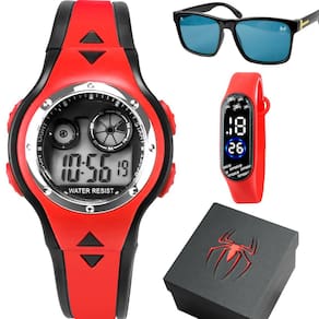 Relógio Infantil Led Digital Criança Data Homem Aranha Silicone + Óculos Sol + Caixa Presente