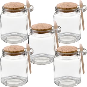 Kit 5 Pote Vidro Borossilicato Colher De Madeira Rolha 240ml